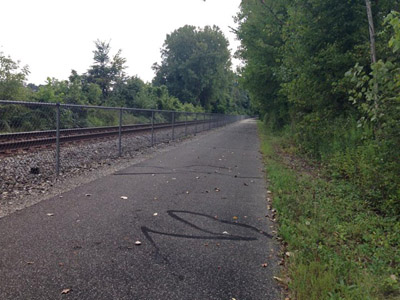 Paved trail separated by a fence from RR tracks.